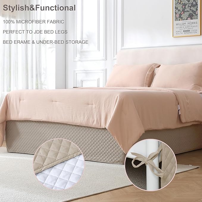 Full Size Khaki Bed Skirt with 14-Inch Drop, Easy Fit Wrap-Around Cover for Bed, Wrinkle-Free and Fade-Resistant Box Spring Cover. (Linen Grid, Full)