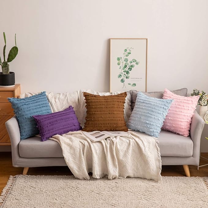 MIULEE Set of 2 Decorative Boho Throw Pillow Covers Linen Striped Jacquard Pattern Cushion Covers for Sofa Couch Living Room Bedroom 18x18 Inch Blue