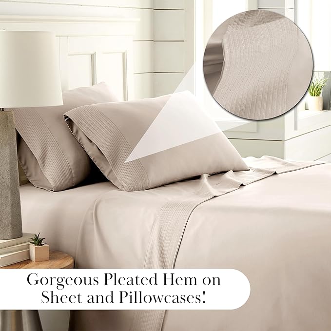 Southshore Fine Living, Inc. 4-Piece King Size Sheets Set, Deep Pocket Bed Sheets, King Size Set with Extra Deep King Size Fitted Sheet, Pleated Flat Sheet and 2 Pillow Cases, Bone Sheets King