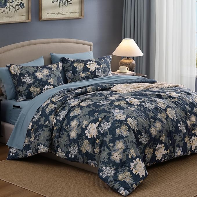 Queen Comforter Set -7 Pieces Floral Antique Blue Comforter Set for All Seasons, Bed in a Bag Queen with Botanical Flowers Comforter, Sheets, Pillowcases & Shams