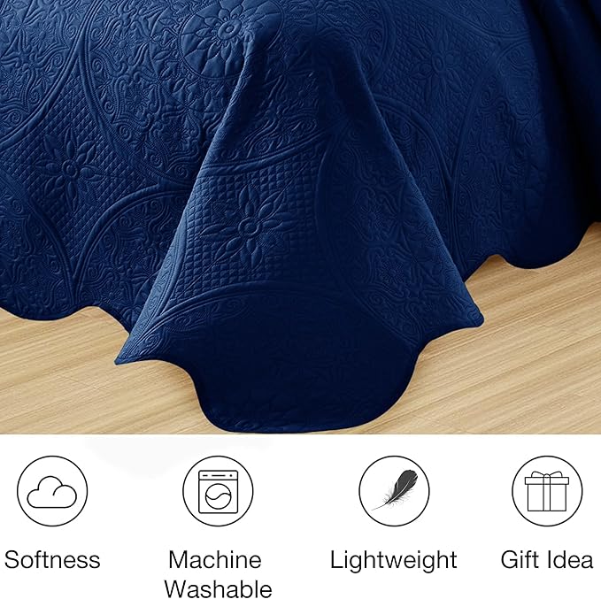 MOONLIGHT20015 Twin Quilt Bedding Set Size (66" x 86 ") + 1 Pillow Shams (20" x 26" + 2") - 2 Pcs All Season Lightweight Reversible Microfiber Coverlet Floral Embossed Quilt Bedspread (Navy)