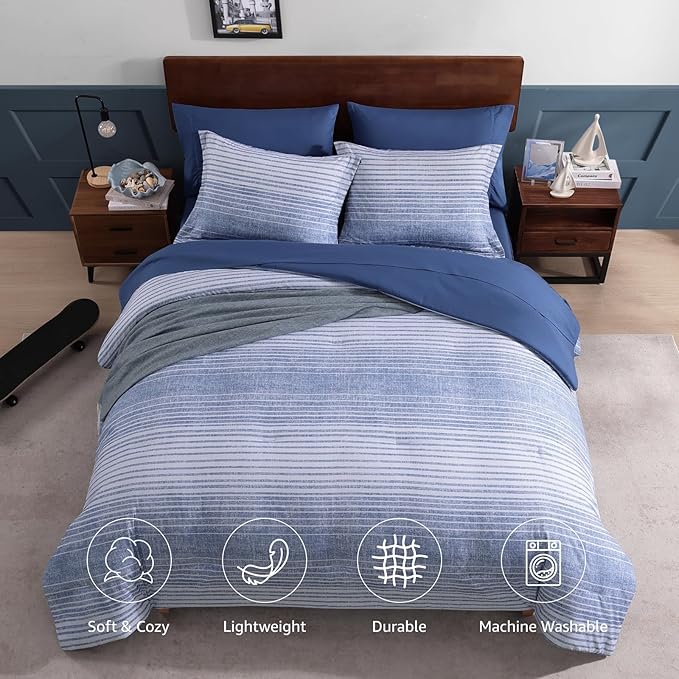 Twin XL Comforter Set Striped, Ocean Blue Coastal Bedding Set 5 Pieces for Boys Girls Teen, All Season Bed in a Bag for Dorm with Sheets, Pillowcase & Sham