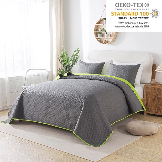 JML Quilts Set, Bedspread Coverlet Set with Pillowcases - 3 Piece Soft and Lightweight Bed Quilt for Spring, Autumn and Summer (Reversible Embossed - Charcoalgray/Limegreen, Full/Queen(88"x92"))