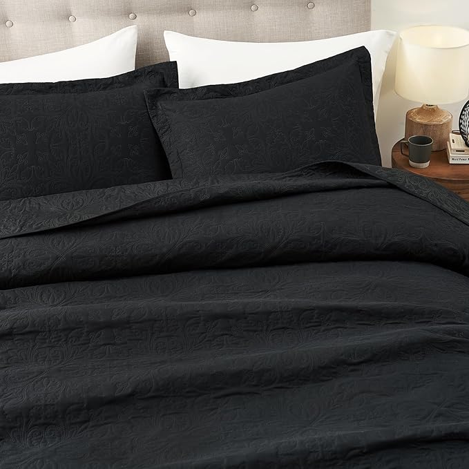 Hansleep Black Quilt California King Size - Baroque Ultrasonic Summer Bedspread California King, Soft Lightweight Coverlet Bedding Set, 3 Pieces (1 Quilt, 2 Pillow Shams)