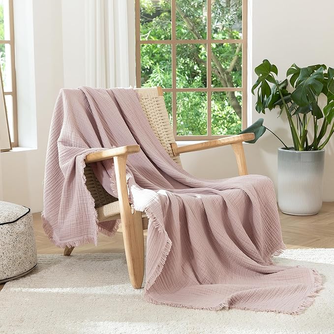 MooMee Muslin Blanket - 100% Cotton 4-Layer Gauze Throw Blanket with Tassels Ultra-Soft Breathable Lightweight Cooling for Bed Couch (Greyish Pink, Queen 90" x 90")