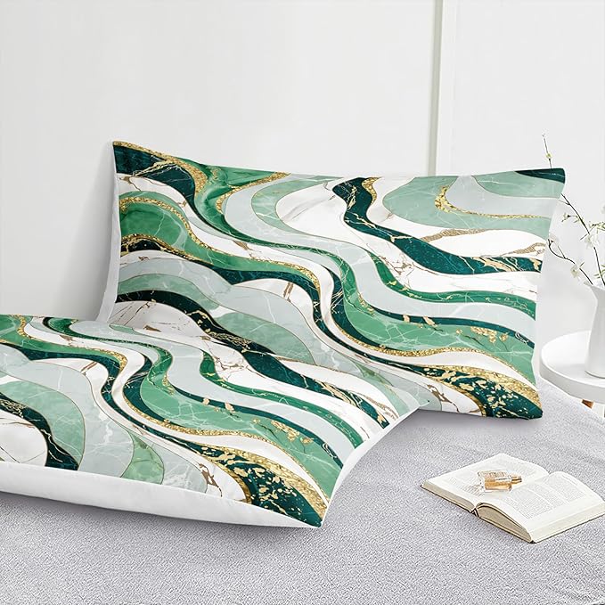 Bedbay Green Gold King Comforter Set 4 Pcs Abstract Marble Bedding Set for Boys Teen Adults Soft Cozy Lightweight Fluid Marble Bedding for All Seasons 1 Comforter 2 Pillowcases 1 Cushion Cover
