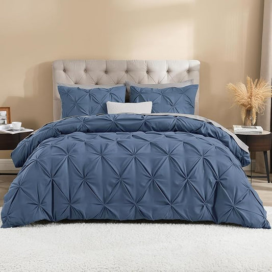 Litanika Ocean Blue Queen Pinch Pleat Duvet Cover, 3 Pieces Pintuck Cover Soft Microfiber Bedding Set with Zipper Closure & Corner Ties(90x90Inch-1 Duvet Cover, 2 Pillowcases)
