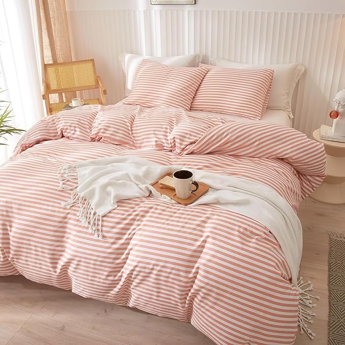 LifeTB Striped Comforter Set Twin XL Modern Style Pink White Stripes Pattern Comforter Set Fluffy Boho Comforter with 2 Pillowcases Teens Girls Cozy Dorm Bedding Twin XL Bed Comforter for All Season