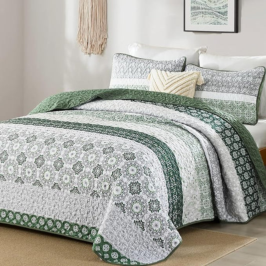 WONGS BEDDING Green Quilt Set Queen Size,Boho Striped Patchwork Bedspread Set,3 Pieces Microfiber Bedding Set for All Seasons (96"x90")