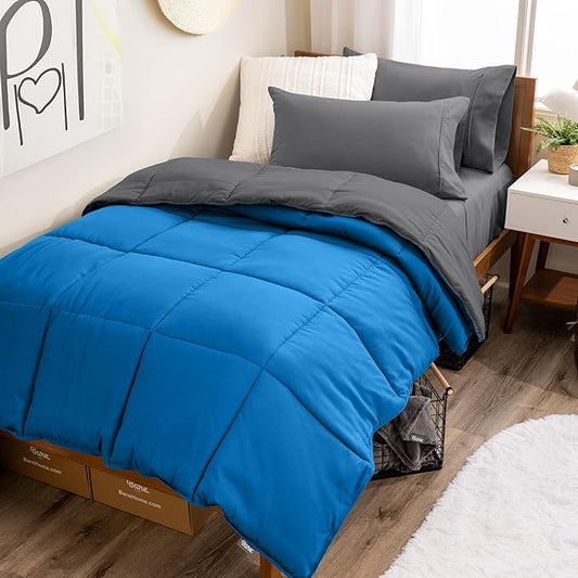 Bare Home Reversible Bed-in-A-Bag Comforter & Sheet Set - Twin - Down Alternative - Soft - Bedding Set (Twin, Medium Blue/Grey, Grey)