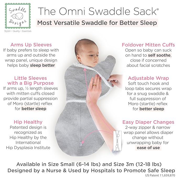 SwaddleDesigns 6-Way Omni Swaddle Sack, Arms Up Swaddle for Newborn, More Options to Calm Startle Reflex, Improves Sleep, Small, 0-3 Month, 6-14 lbs, Gray, Hello World