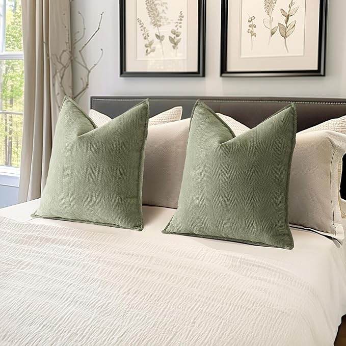 MIULEE Pack of 2 Sage Green Decorative Pillow Covers 22x22 Inch Soft Chenille Luxurious Couch Throw Pillows Farmhouse Cushion Covers Euro Shams Elegant Design for Sofa Bed Living Room Spring Decor