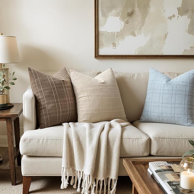 MIULEE Decorative Linen Check Euro Shams Throw Pillow Covers Neutral Farmhouse Vintage Pillow Covers 24x24 Set of 2 Boho Modern Home Decor for Sofa Couch Bedroom Cushion Coastal Blue