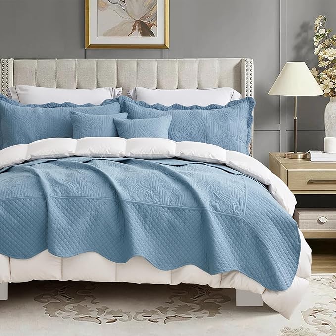 HZ & HY Oversized King Bedspread 138x122 Extra Wide, Ultrasonic Coverlet Bedding Set, Lightweight Thin Comforter, Reversible, 5 Piece, 100% Microfiber, California/Alaskan King, Ashley Blue