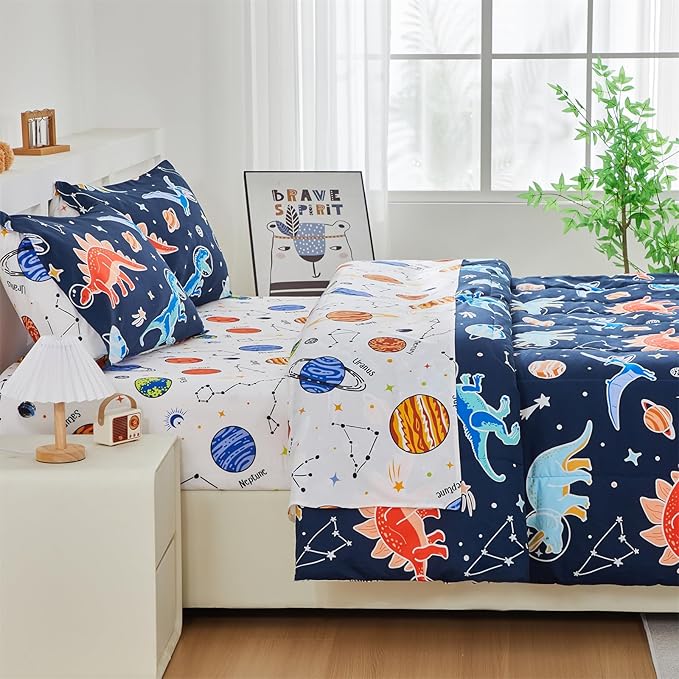 NTBED Dinosaur Kids Comforter Set Queen Size 5 Pieces Bed in A Bag for Boys Girls,Glow in The Dark Space Planet Bedding Set with Sheet