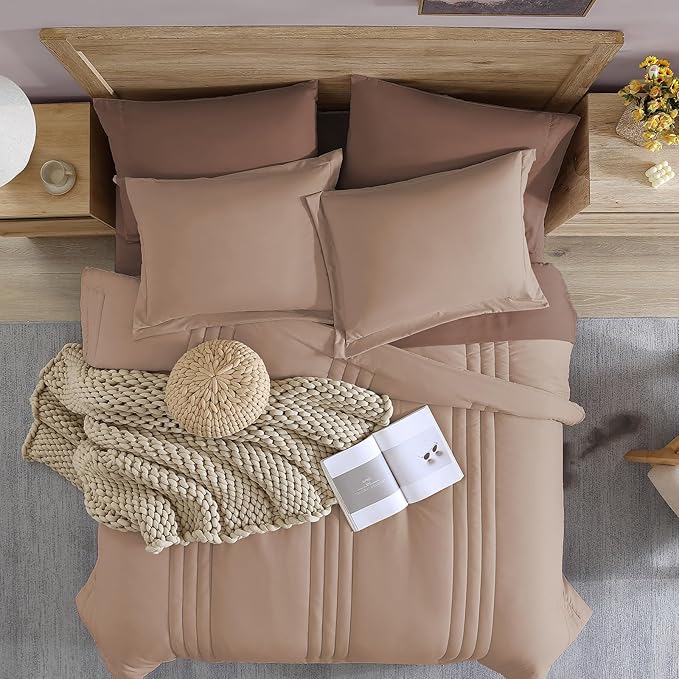 Monbix King Size Comforter Set - 7 Pieces Bed in a Bag King, Rust Pink Bedding Sets with Comforter, All Seasons Comforter Bed Set with Sheets, Pillowcases & Shams