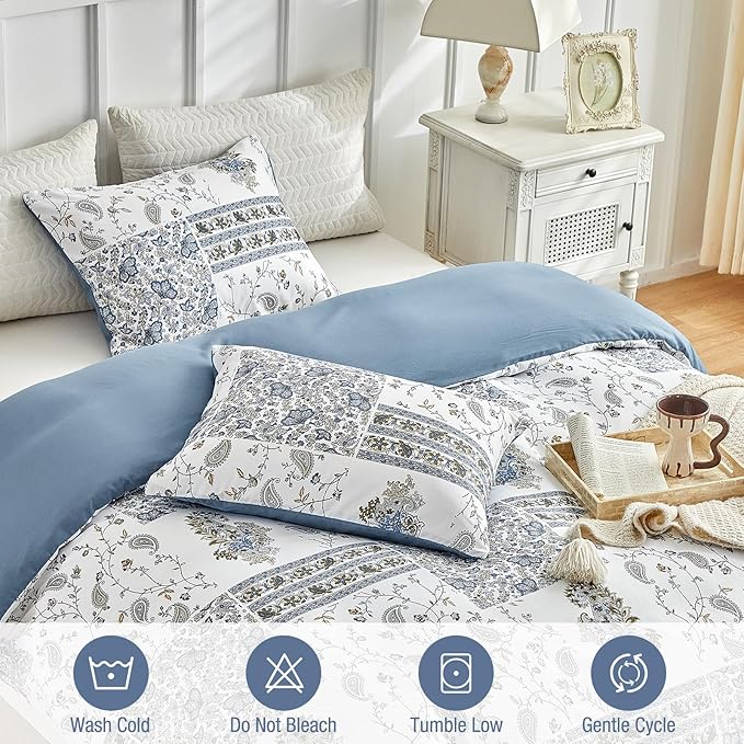 Lekesky King Size Duvet Cover Set, Patchwork Floral 3 Pieces Reversible Blue Paisley Duvet Cover Set, Ultra-Soft Microfiber 3 Pieces Comforter Cover with Zipper, Includes 2 Pillowcases