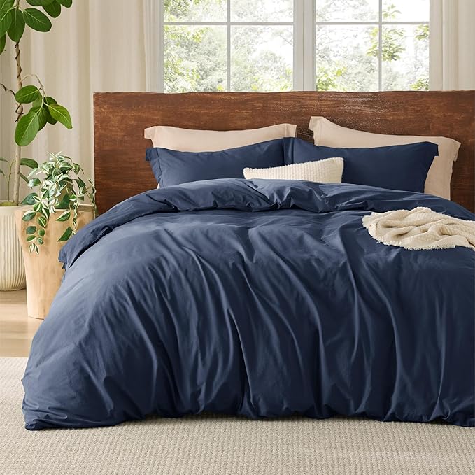Bedsure 100% Washed Cotton Duvet Cover Oversized King Size - Navy Minimalist Cotton Duvet Cover Linen Like for All Seasons - GentleSoft™ Plain Simple Bedding (Navy, Oversized King, 120"x98")