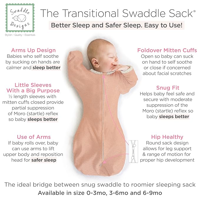 SwaddleDesigns Transitional Swaddle Sack, Arms Up Half-Length Sleeves & Mitten Cuffs, Swaddle for Newborn Transition to Baby Sleep Sack Wearable Blanket, 6-9 Month, 21-24 lb, Heathered Peach Blush