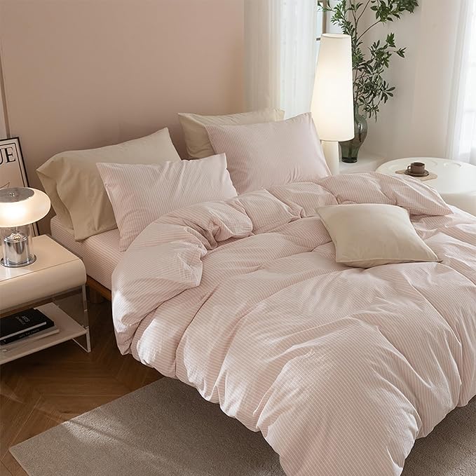 JIYUAN 100% Washed Cotton Striped Duvet Cover Set 3 Pieces Queen, 1 Duvet Cover and 2 Pillowcases(Comforter Not Included),Linen Like Comfy and Breathable,Pinstripes - Greyish Pink White