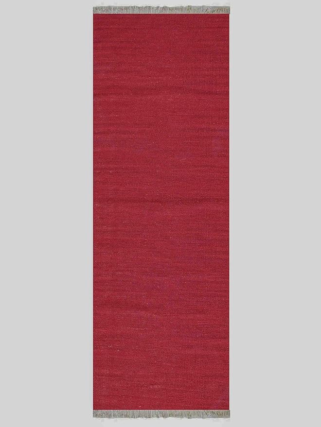 Rugsotic Carpets Hand Woven Flat Weave Kilim Wool ECO-Friendly Area Rugs - 2'6"x8', Runner Shape, Burgundy Color, Solid Plain Design, Low Pile Handmade Rugs for Living Room, Bed Room (D00111)