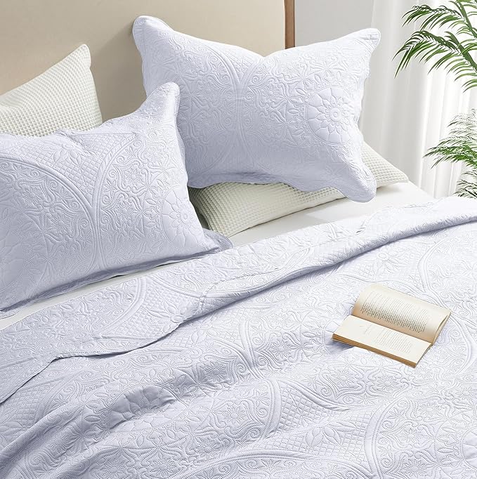 IR Imperial Rooms California King Quilt Bedding Set Size (118"x106") + 2 Pillow Shams (20" x 36"+ 2") - 3 Pcs All Season Reversible Microfiber Coverlet Embossed Floral Quilt Bedspread (White)