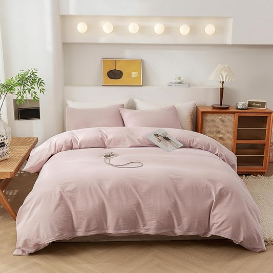ECOCOTT Duvet Cover Set, 100% Washed Cotton Linen-Like Soft & Breathable, Durable Comfy Bedding Set for All Seasons Full Size (Greyish Pink)