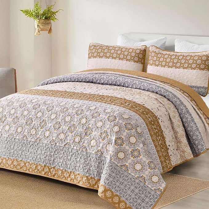 WONGS BEDDING Boho Quilt Set King, Brown Bohemian Striped Patchwork Summer Bedspread Coverlet Set with 2 Pillowcases,Lightweight Microfiber Floral Bedding Set 104"×90"