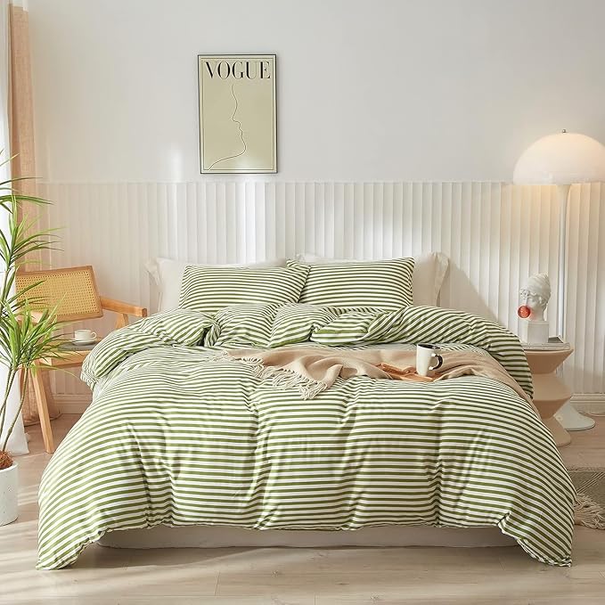 Striped Comforter Set Queen Size 3 Pieces Lightweight Striped Bedding Comforter Set Green White Stripes Pattern Farmhouse Bed Set Soft Fluffy Comforter with 2 Pillowcases for All Seasons Queen Size
