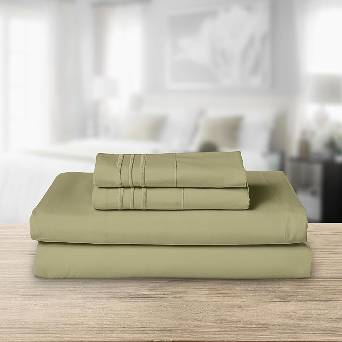 Elegant Comfort Luxurious 1500 Premium Hotel Quality Microfiber Three Line Embroidered Softest 4-Piece Bed Sheet Set, Wrinkle and Fade Resistant, Full, Sage-Green