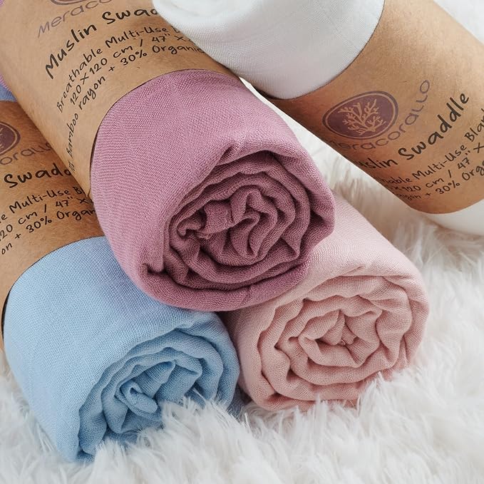 Meracorallo Muslin Swaddle Blanket Silky Soft Receiving Blanket Neutral Swaddle Wrap for Baby Boys and Girls, 47 x 47 inches, Set of 4 Solid Color (White+Blue+Pink+Purple)