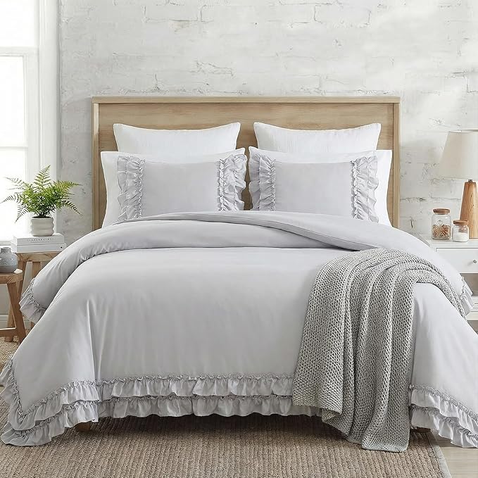 Bedorm Gray Duvet Cover Set Queen Ruffle Bedding Set Pleat Ruffled Shabby Chic Comforter Cover Extra Soft & Easy Care Gray Boho Duvet Cover with Zipper Closure