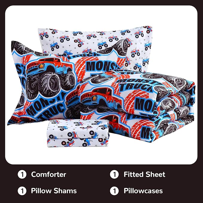 Viviland Kids Full Bedding Sets for Boys, Soft Full Comforter Set with Sheets, 7 Pieces Microfiber Bed in a Bag, Monster Truck