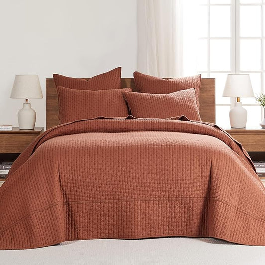 Levtex Home Cross Stitch Reversible Queen Bedspread Set (104x106in) with 2 Pillow Shams (26x20in) - Stitch Texture - Adobe - Cotton Queen Size Bedspread Set - Lightweight, Soft, Pre-Washed