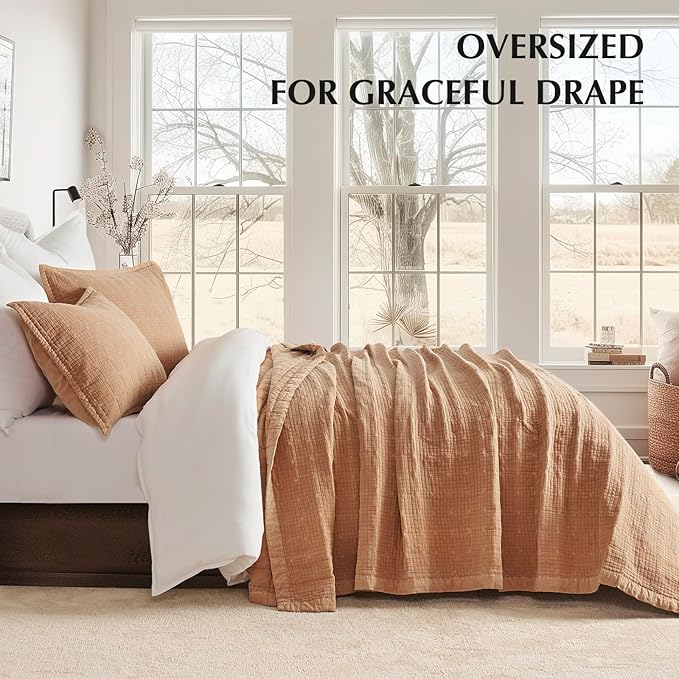 EVERGRACEHOME Stonewashed Cotton Quilt Set Full Queen Size, Ultra Soft Oversized Bedspread Coverlet Set, Lightweight Crinkle Box Stitch Bedding Sets for All Season, with 2 Shams, Blushed Terracotta