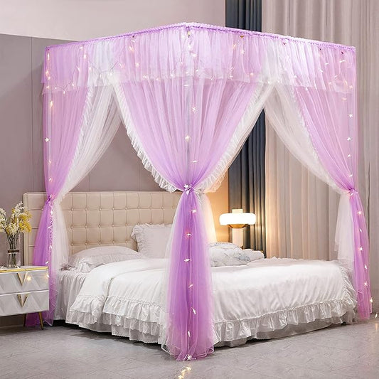 VETHIN 4 Corners Post Ruffle Princess Bed Canopy Curtain-Double Layer Cozy Drape Netting 4 Opening Mosquito Net for Girls Adults Bedroom Decoration (Double-Purple, 64" W*82" L*82"*H/(Queen))