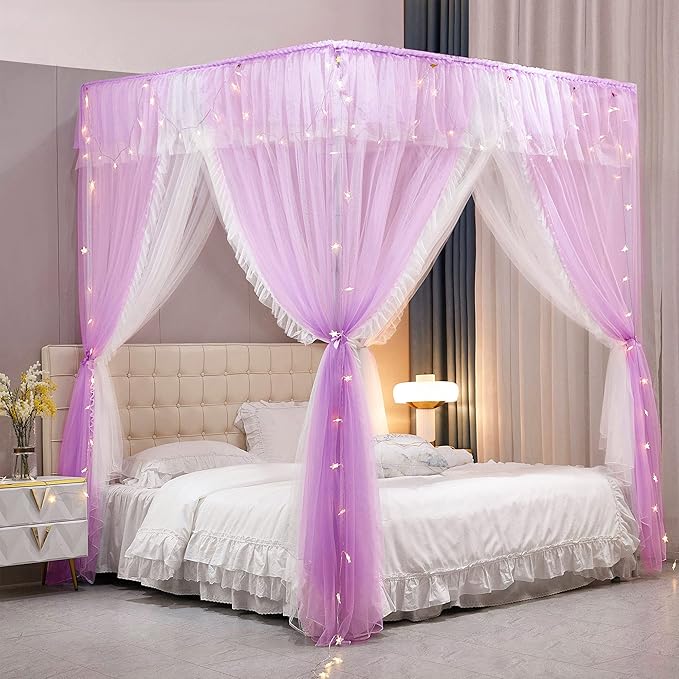 VETHIN 4 Corners Post Ruffle Princess Bed Canopy Curtain-Double Layer Cozy Drape Netting 4 Opening Mosquito Net for Girls Adults Bedroom Decoration (Double-Purple, 53" W*78" L*82"*H/(Full))