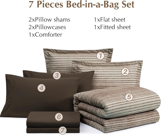 Queen Comforter Set Striped, Chocolate Brown Bedding Set 7 Pieces for Boys Girls Teen, All Season Bed in a Bag for Dorm with Sheets, Pillowcases & Shams