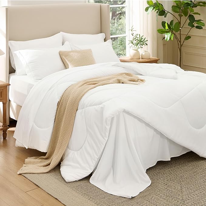 Bedsure 7 Pieces King Comforter Set Premium Series, Hotel Luxury Soft Bed in a Bag, Goose Down Alternative, Safe for Sensitive Skin Bedding Comforter All Season Medium Warmth, White Wavy Quilted