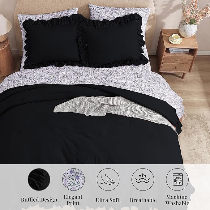 Full Comforter Set - 7 Pieces Ruffle Black Bedding Sets, Shabby Chic Farmhouse Bed in a Bag Full with Ruffle Comforter, Floral Sheets, Pillowcases & Shams