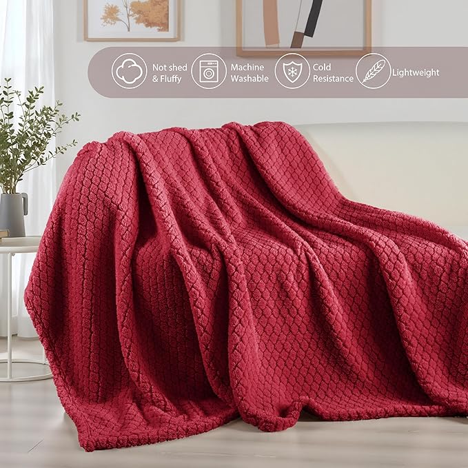 Exclusivo Mezcla King Size Fleece Blanket for Bed, Extra Soft Warm Decorative Fuzzy Blanket for Women, Lightweight Cozy Bedding Blankets, 90x104 Inches, Deep Red