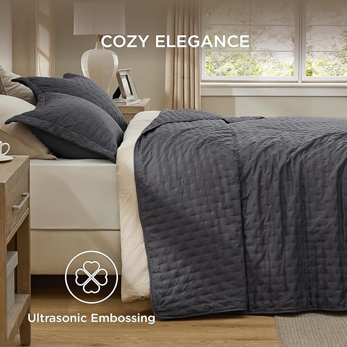 Bedsure Twin Quilt - Ultra Soft Twin XL Quilt Bedding for Dorm Decor, Lightweight All-Season Comforter, Charcoal Bedspread Coverlet with Clover Pattern, 68 x 86 Inches