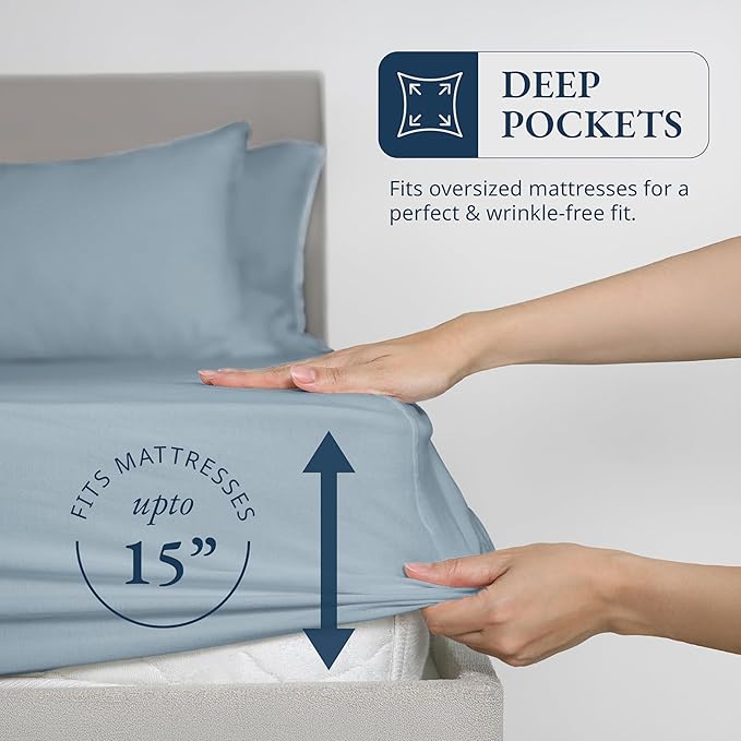 LANE LINEN Fitted Sheet King Size - 100% Organic Cotton, 3-Piece Set (1 Fitted Sheet,2 Pillowcases), Percale Weave, Ultra Soft, Breathable,Fits Mattress Upto 15" Deep -French Blue (No Flat Sheet)