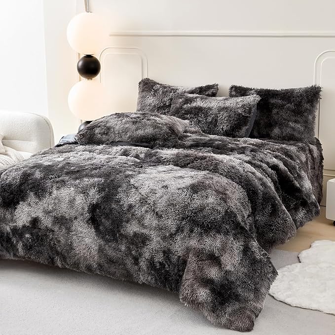PERFEMET Dark Grey Plush Shaggy Comforter Set Twin Size 3 Piece Fluffy Faux Fur Tie Dye Bedding Sets Ultra Soft Long Hair Velvet Fuzzy Bedding for Boys Girls(Dark Grey, Twin)