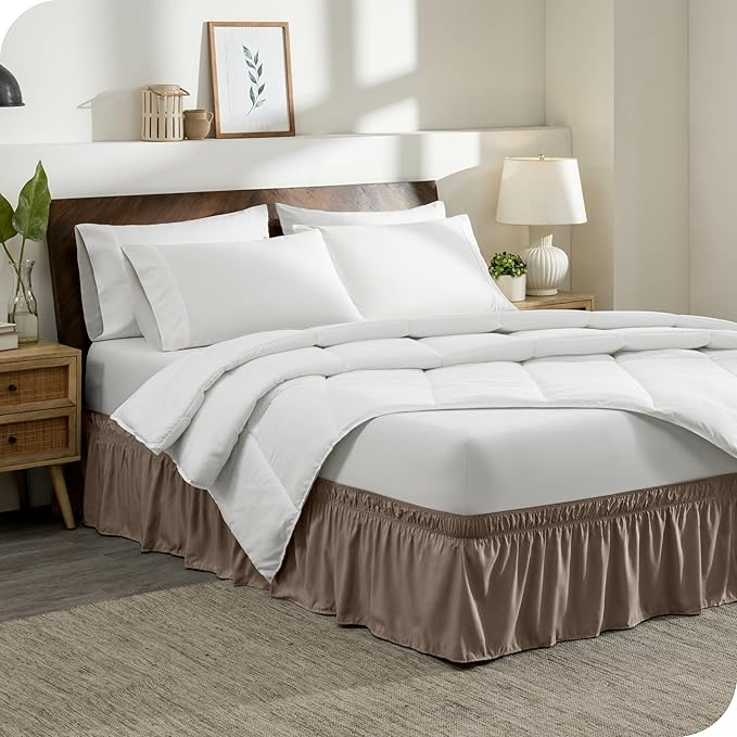 Bare Home Wrap Around Bed Skirt - for Twin Size Beds with 15 inch Tailored Drop - Easy Fit Elastic Strap - Adjustable and Ruffled Style - Wrinkle, Fade, and Stain Free (Twin, Taupe)