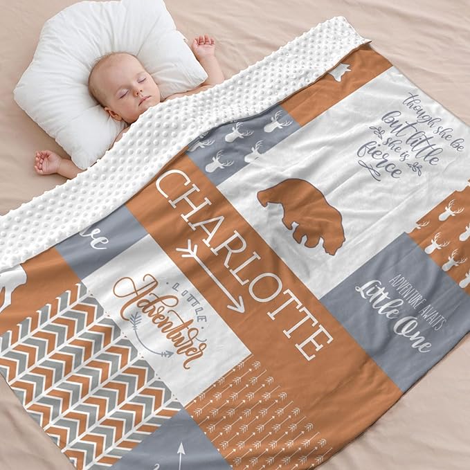 Customzed Baby Blanket for Girls Super Soft Double Layer with Dotted Backing, Monogrammed Receiving Blanket with Cute Woodland Multicolor Printed Blanket Burnt Orange 40 x 50 Inch