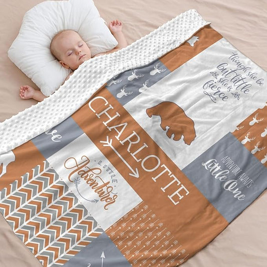 Customzed Baby Blanket for Girls Super Soft Double Layer with Dotted Backing, Monogrammed Receiving Blanket with Cute Woodland Multicolor Printed Blanket Burnt Orange 40 x 50 Inch