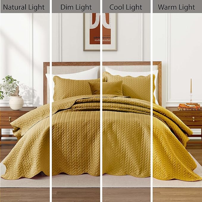 MOONLIGHT20015 Quilt King Size Bedding Set (106" x 96") - 2 Pillow Shams (20" x 36"+ 2") - All Season Reversible Lightweight 3 Pcs Microfiber Coverlet Set Embossed Quilt Bedspreads (Ochre)