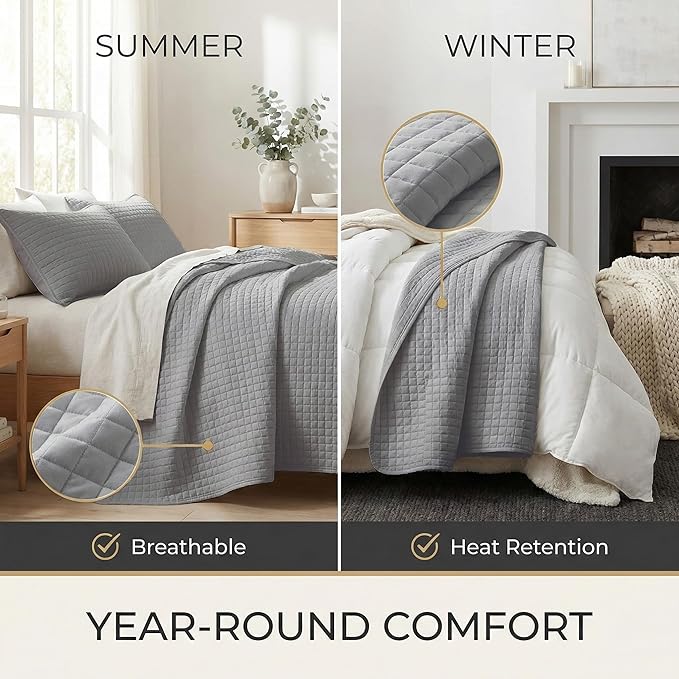 Southshore Fine Living, Inc. Summer Bedspreads Queen Size Quilts with Shams, Lightweight Full Bedding Set, Pet Hair Resistant Quilt Coverlet Queen Size/Full Bedspread with 2 Pillow Shams, Steel Grey