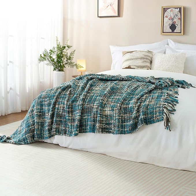 Multi-Color Teal Cable Knitted Throw Blanket for Couch,50"X60" Boho Style Textured Blankets for Home Decor,Super Soft Warm Cozy Chunky Knit Blanket with Decorative Tassels for Bed and Sofa